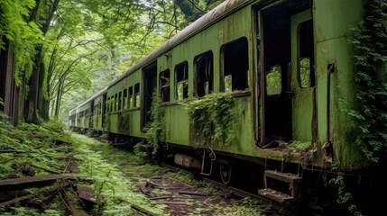 Fototapeta na wymiar An Abandoned Train in a Forest A Photo Realistic Image of Nature Overtaking a Passenger Train AI Generated