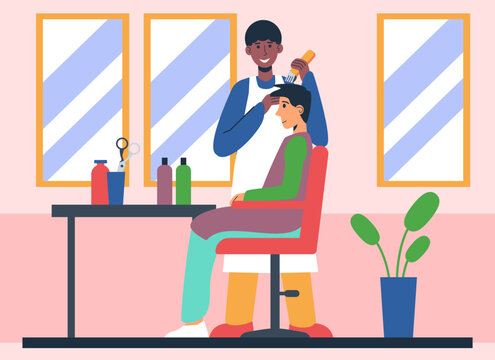 Barber holding clipper and doing hairstyle to man. Hairdresser cut hair for visitor. Professional make fashionable modern hairstyles for client. Flat vector illustration in cartoon style