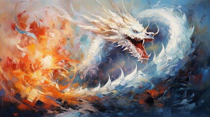 painting style illustration, fire dragon roaring with flame and smoke, Generative Ai