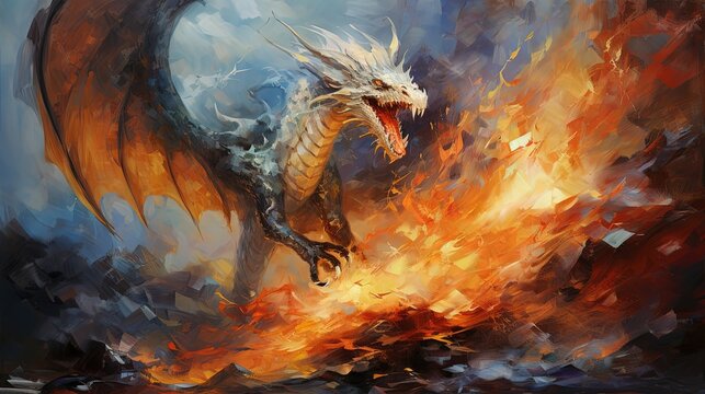 painting style illustration, fire dragon roaring with flame and smoke, Generative Ai