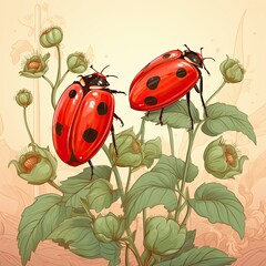 Two red bugs sitting on a plant. (Generative AI)