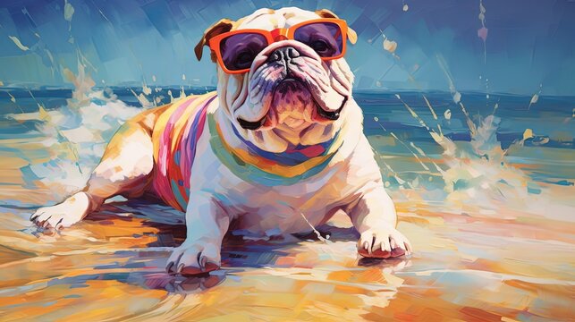 painting style illustration, cute bulldog funny moment at beach, generative Ai