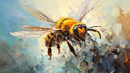 painting style illustration, bee with color splash grunge texture, Generative Ai