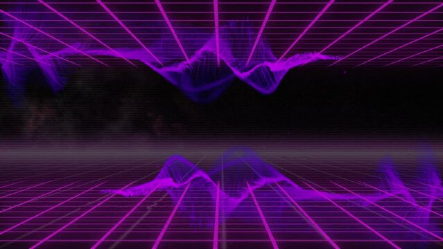 Animation of purple light trails with grid on dark background