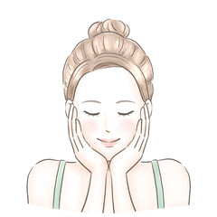 顔に手を当てて目を閉じてスキンケアする女性　水彩風