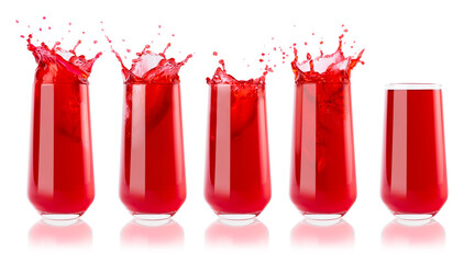 Set of five berry red cold juices in glass with reflection, calm and with bright splashes, drops...