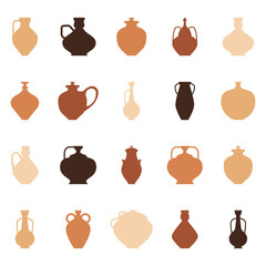 Ancient vases and jugs set. Silhouette collection of icons with jur. Vector pottery icons for design. Ceramic pot set. Retro ceramic vases in boho style. Clay products in traditional style. Amphora