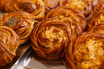Tosca buns in a bakery shop.