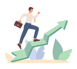 Male holding briefcase and climbs up arrow. Successful completion of project, conclusion of profitable agreement. Job development, promotion. Success at work. Flat vector illustration
