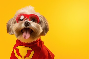 dog dressed as superhero on yellow background.