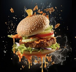 big juicy sesame burger for photo shoots and menu with tomato, onion, cucumber, herbs, splashes of sauce and melted cheese, illustration