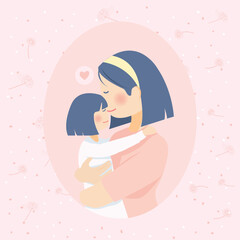 Mother Love Kiss and Hug Daughter full of love with Pink Peach Flower Background