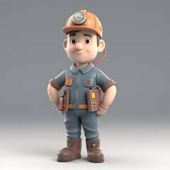 3D illustration of a cartoon character in work clothes with a helmet