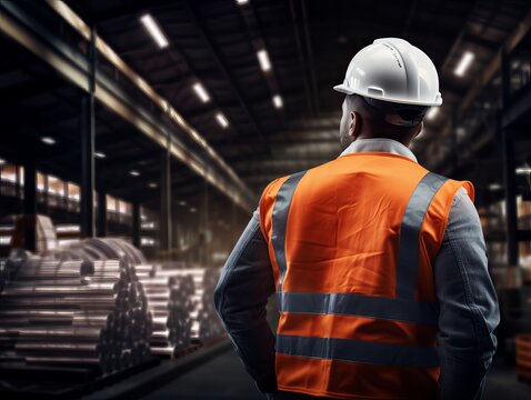 A Factory Worker Man Wearing An Orange Work Vest And Grey Safety Helmet, Standing Back View In A Factory. Generative Ai