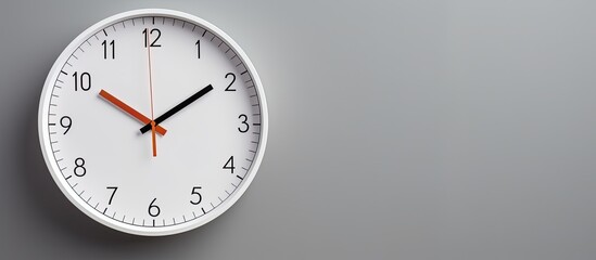 Photo of a minimalist white clock with vibrant orange hands on a sleek gray wall with copy space