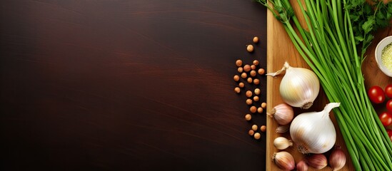Photo of a colorful assortment of fresh vegetables on a rustic wooden cutting board with copy space