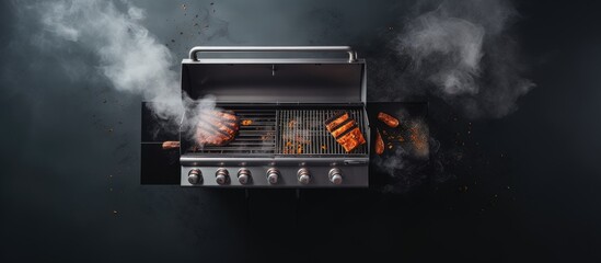 Photo of a BBQ grill with billowing smoke with copy space
