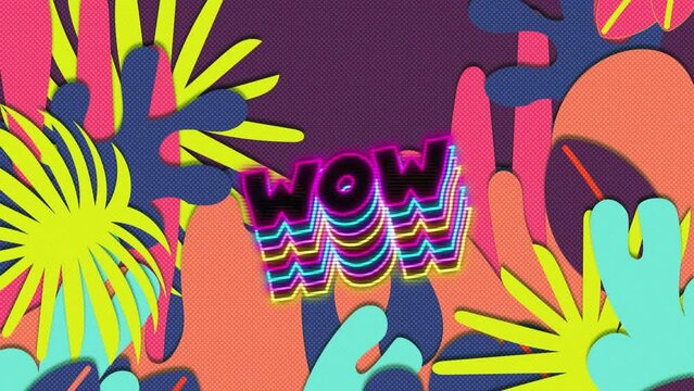 Animation of wow text over pattern background
