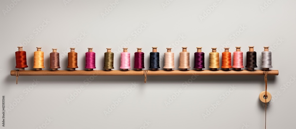 Aufkleber Photo of colorful spools of thread neatly arranged on a shelf with copy space