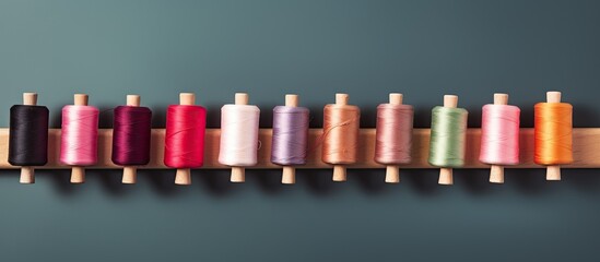 Photo of a wooden rack filled with colorful spools of thread, offering endless possibilities for creativity and craftsmanship with copy space