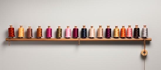 Photo of colorful spools of thread neatly arranged on a shelf with copy space - obrazy, fototapety, plakaty