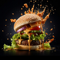 big juicy sesame burger black background with tomato, onion, cucumber, herbs, splashes of sauce and melted cheese, illustration
