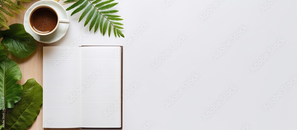 Poster photo of a coffee cup and notebook on a desk with plenty of space for creativity with copy space