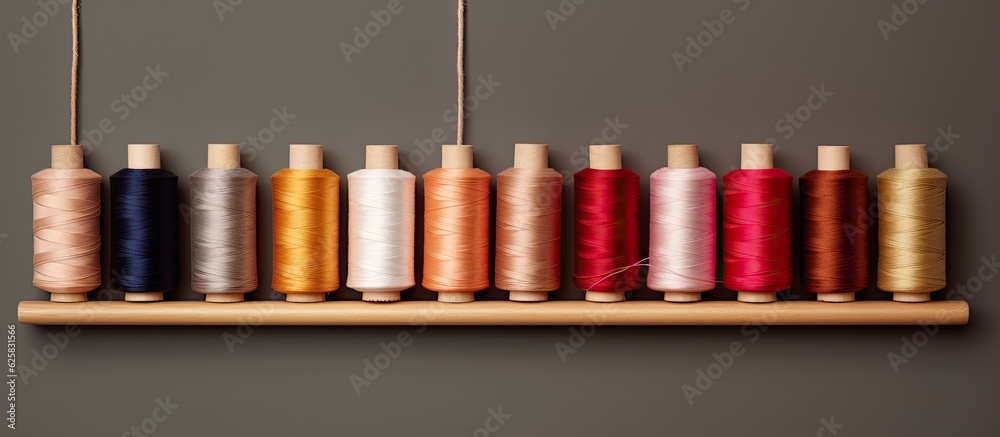 Poster Photo of a colorful display of spools of thread on a rustic wooden shelf with empty space for text or design with copy space