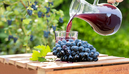 fresh grape juice pouring into glass from jug with ripe bunch of dark blue berries on crate as...