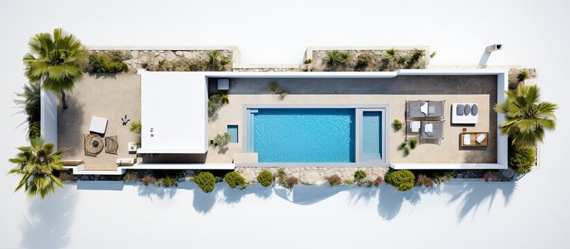 Photo of a luxurious house with a stunning swimming pool from a birds eye view with copy space