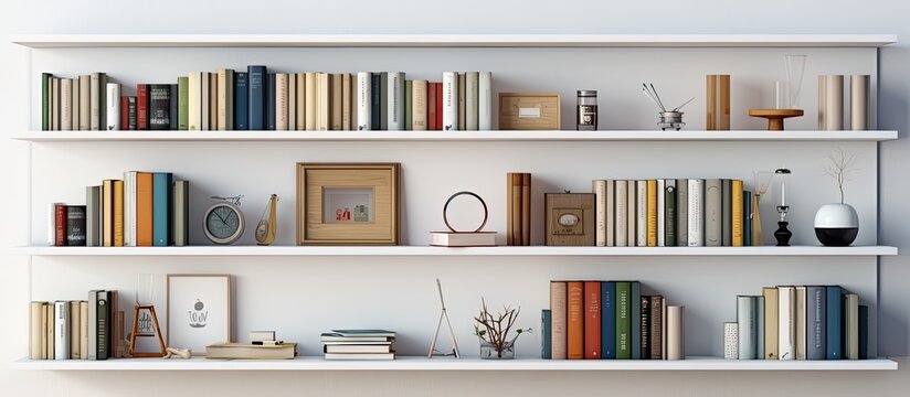 Photo of a bookshelf filled with books on white shelves with copy space