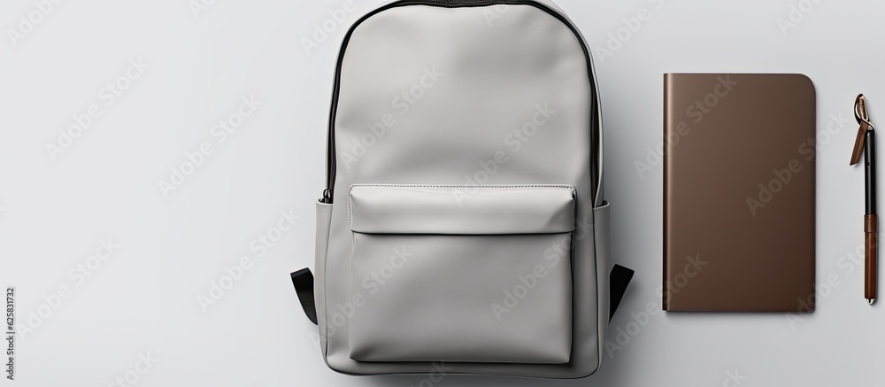 Poster Photo of a backpack and pen on a table with ample empty space for creative use with copy space