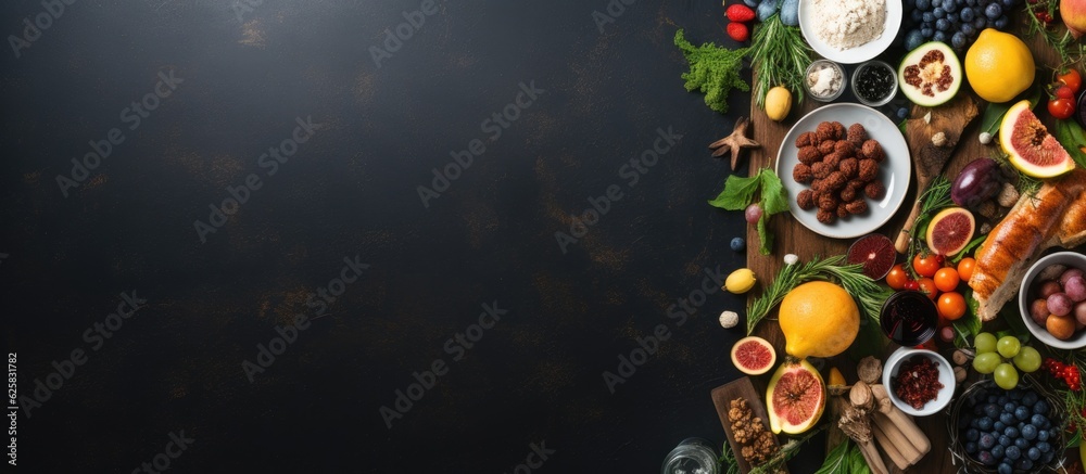 Poster photo of a colorful assortment of fresh fruits and vegetables on a table with copy space