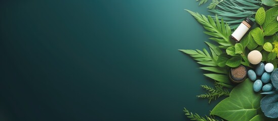 Photo of green leaves and pills on a vibrant background with copy space