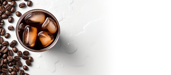 Photo of a refreshing cup of iced coffee with coffee beans as a backdrop with copy space