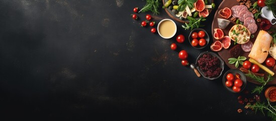 Photo of a delicious platter of meats and vegetables on a sleek black background with copy space