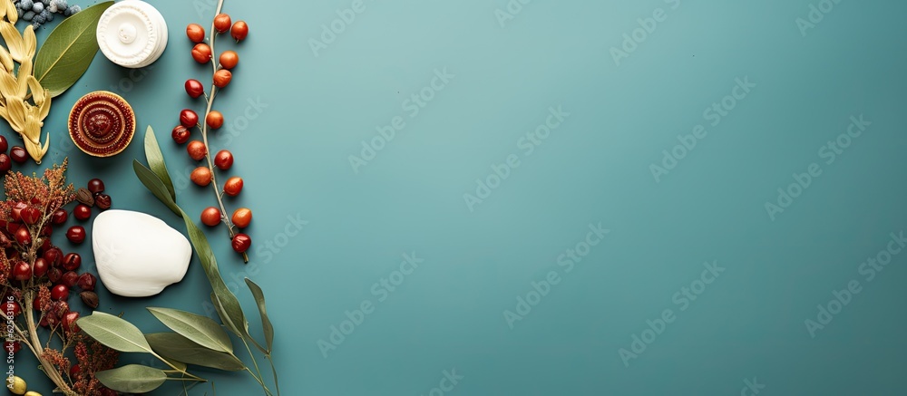 Poster photo of a vibrant blue background with a assortment of berries, leaves, and objects with copy space