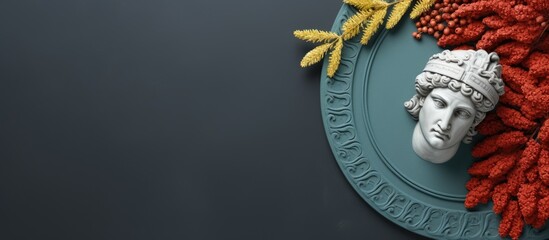 Photo of a regal statue with a crown atop a plaque with copy space