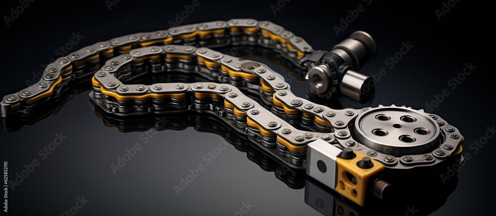 Poster photo of a close up of a chain and wrench, perfect for industrial and mechanical concepts with copy 