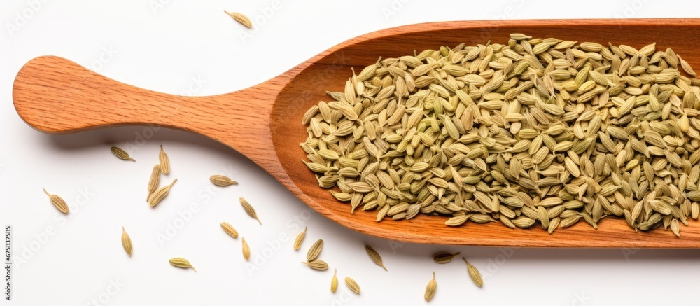Aufkleber Photo of a wooden spoon filled with seeds on top of a white table with copy space with copy space