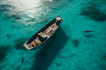 Fototapeta premium drone shot of a small boat directly from above facing a huge shark. Ocean