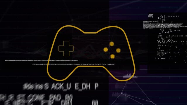 Animation of video game pan and data processing over black background