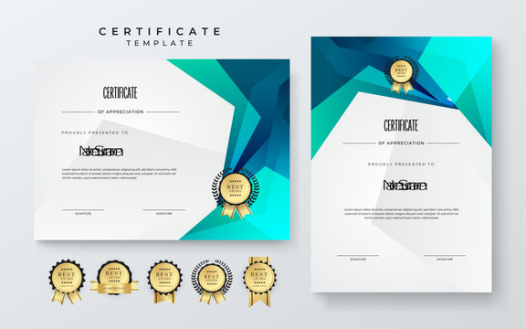 Certificate template with geometry frame and gold badge. White background design for Diploma, certificate of appreciation, achievement, completion, of excellence, award