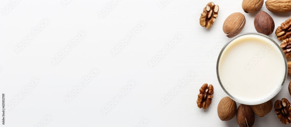 Poster photo of a glass of milk with a variety of nuts around it with copy space