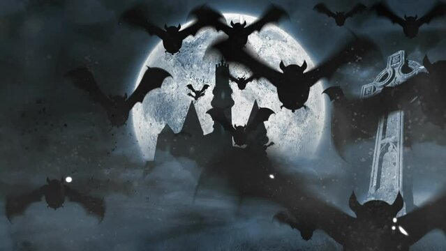 Animation of bats flying over full moon over castle and cross distressed background