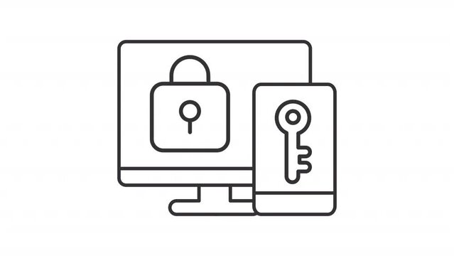 Authentication line animation. Key inside mobile phone opens lock on computer desktop animated icon. Multi factor. Black illustration on white background. HD video with alpha channel. Motion graphic