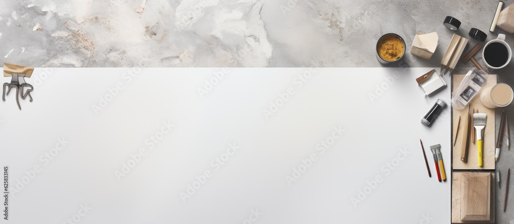 Poster photo of a clean desk with a blank sheet of paper ready for creativity and ideas with copy space