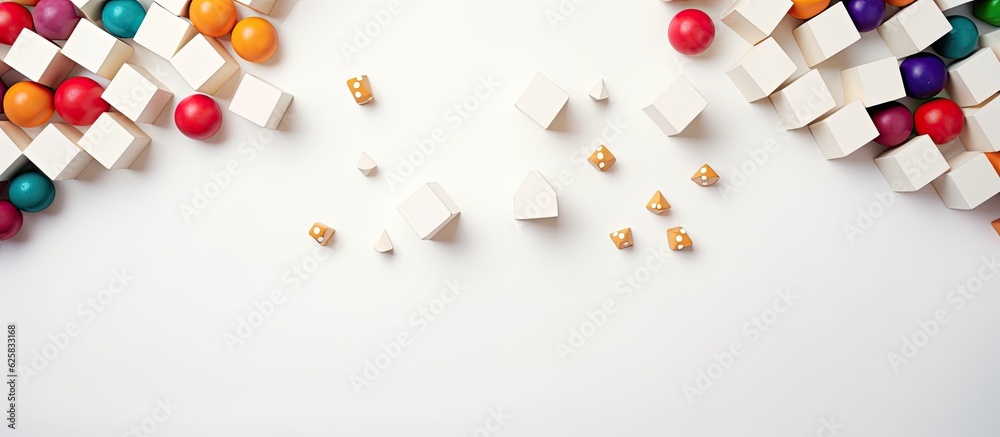 Poster photo of colorful candies scattered on a white surface with plenty of copy space with copy space