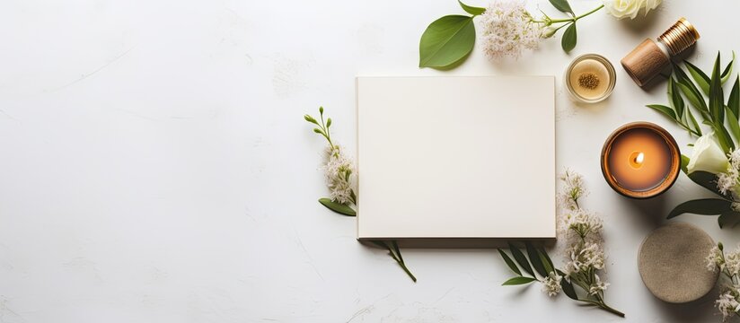 Photo of a beautifully arranged still life with notepad, candles, and flowers on a clean white surface with copy space