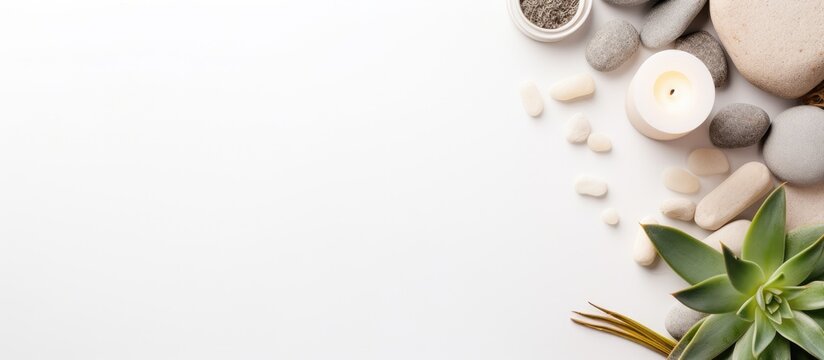 Photo of a minimalist table display with rocks and candles with copy space